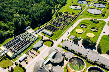 Modern wastewater and sewage treatment plant with aeration tanks, aerial top view.