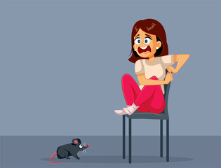 Screaming Woman Scared of Rats Vector Cartoon Illustration