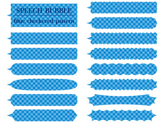 チェック柄の横長吹き出し15個セットのイラスト（青）
