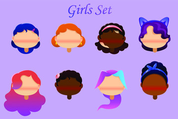 Vector cartoon set of different girls without faces with different accessories 