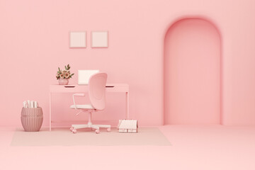 Interior of the room in plain monochrome pink color with desk and room accessories. Light background with copy space. 3D rendering for web page, presentation or picture frame backgrounds.