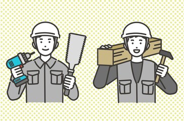工具を持つ大工や職人、作業員などの上半身のベクターイラスト素材／コミュニケーション／現場監督／工事