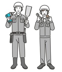 工具を持つ大工や職人、作業員などのベクターイラスト素材／コミュニケーション／現場監督／工事