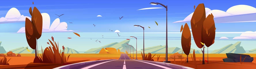 Rollo Autumn landscape with car road, street lights and mountains on horizon. Vector cartoon illustration of countryside panorama with asphalt highway, orange trees, fields and rocks © klyaksun