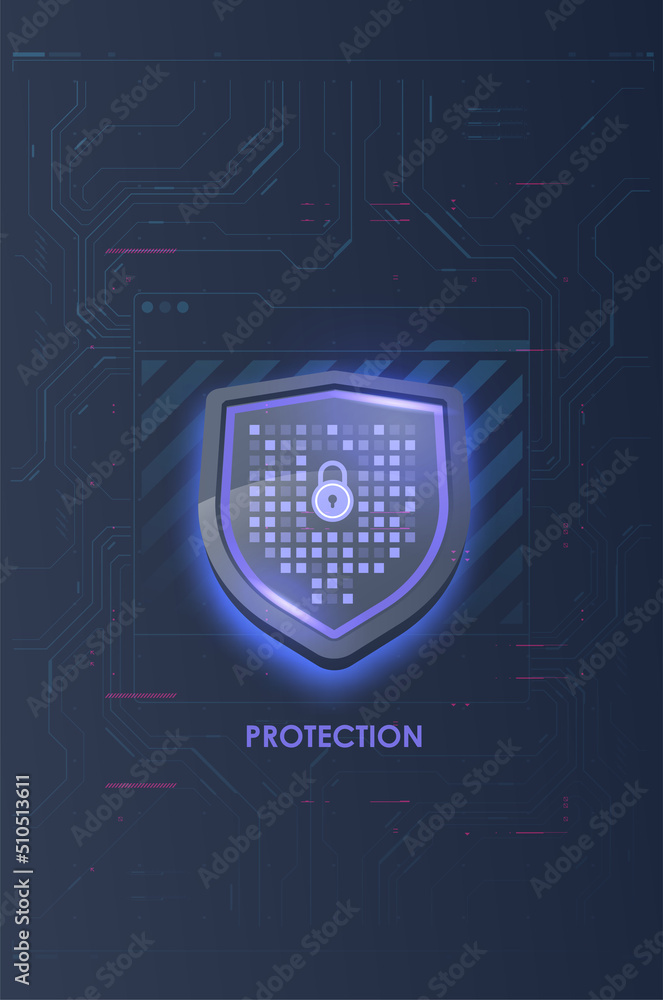 Poster information data and network protection. shield protect icon. internet privacy and safety. future te