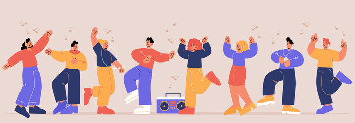 Happy friends dance to music on party. Vector flat illustration of excited people have fun while listen boombox and player. Group of dancers men and women in headphones
