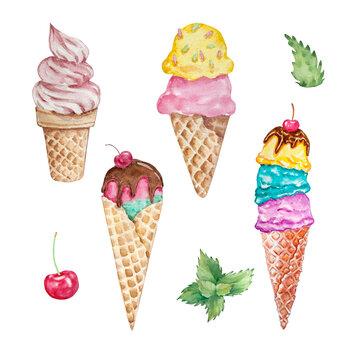 Watercolor set of ice creams in waffle cone cups.