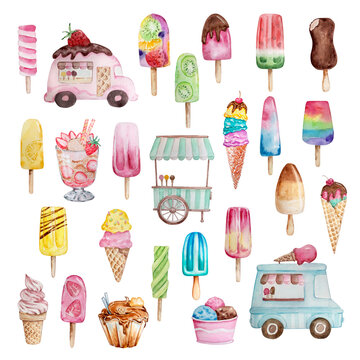 Watercolor big set of ice creams and ice cream buses..