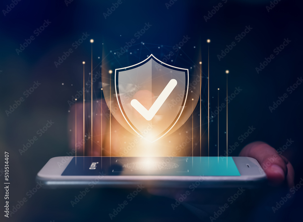 Poster technology cyber security internet and networking online concept, hand touching interface verified a