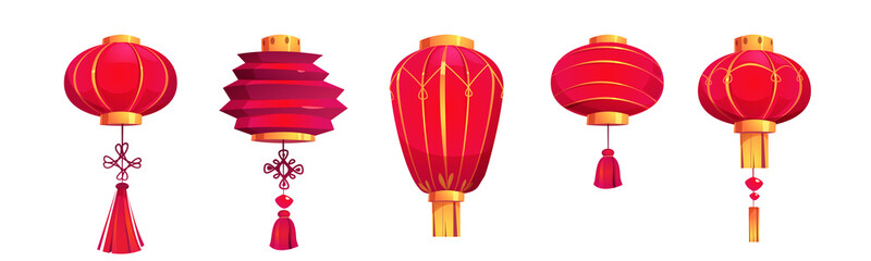 Fototapeta na wymiar Chinese festival red lanterns, traditional decoration for asian New Year celebration. Vector cartoon icons set of oriental paper lamps with gold ornament and tassels from China
