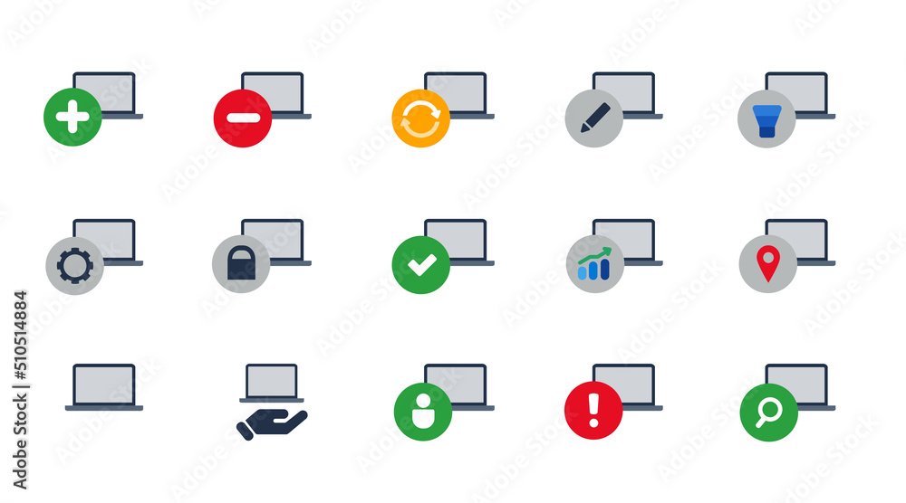 Poster laptop computer display modern notebook icon set collection isolated graphic