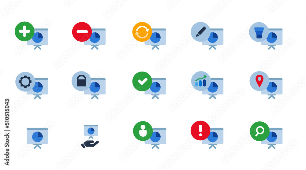 Poster presentation board icon set collection vector isolated graphic symbol of training business analysis 