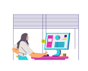 Woman surfing the internet standing behind computer, flat vector isolated.