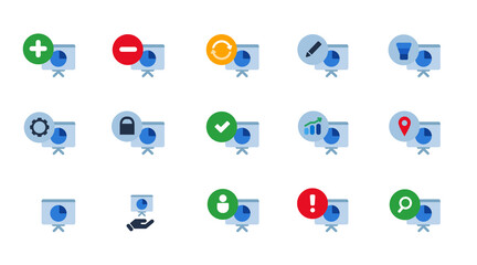 Presentation board icon set collection vector isolated graphic symbol of training business analysis chart corporate