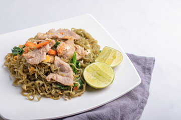 Moroheiya mixed vegetable noodles stir fried with pork and egg