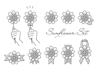 ひまわり　花と手とリボンのセット　白黒版（手・花びらに塗りあり）