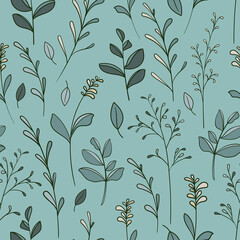 Vector botanical seamless pattern with stylized plants, leaves, branches. Hand- drawn illustrations perfect for fabric, textiles, for decoration postcards, wrapping paper. © Gulsim