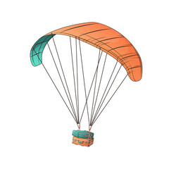 Vector hand-drawn illustration of parachute. Travel, tourism, adventure, journey concept. Vector illustration for banner, poster, website, advertising.