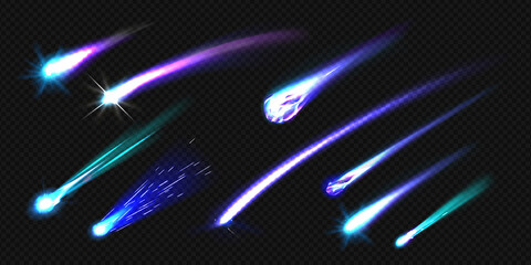 Flying comets, asteroids or meteors with flame trail isolated on transparent background. Vector realistic set of falling glowing meteorites from space, fireballs burning in Earth atmosphere - obrazy, fototapety, plakaty