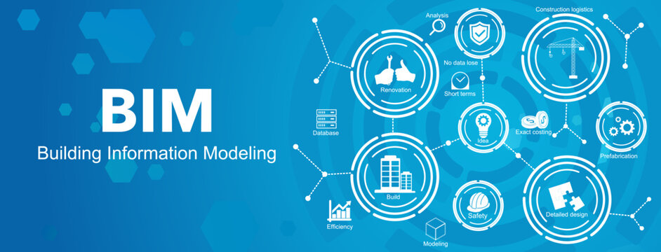 (BIM). Concept Of Building Information Modeling.  With Beautiful Blue Background Icons  Vector Illustration.