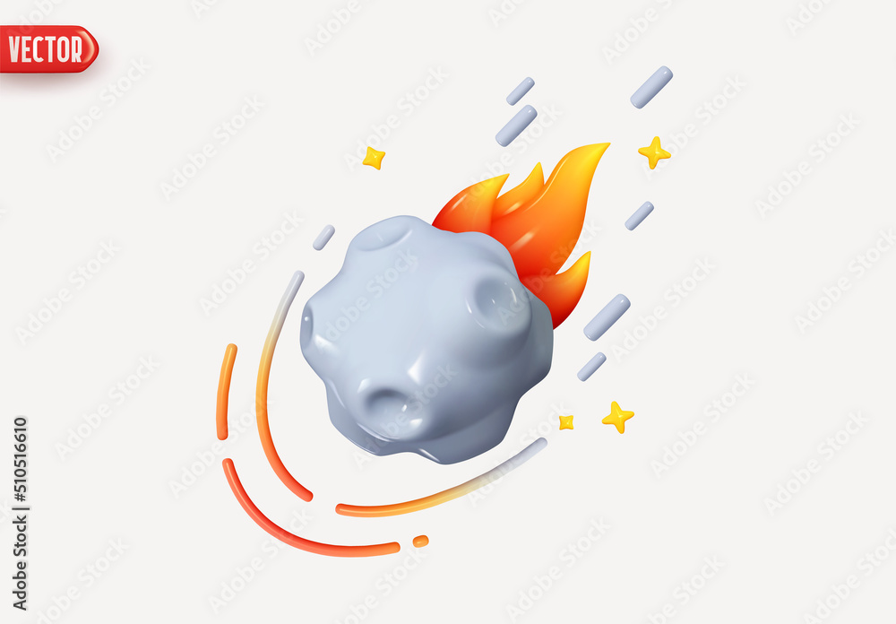 Poster flying asteroid with fire. abstract minimal comet. meteorite flies and plume of fire. meteor stone. 