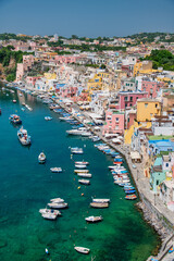 Aerial view of Procida Island beautiful homes, Italy. Marina Corricella - obrazy, fototapety, plakaty