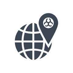 Outbreak virus world related vector glyph icon. Location Sign with Biohazard on globe. Outbreak virus sign. Isolated on white background. Editable vector illustration