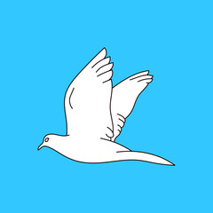 white dove line art illustration on blue background. Beautiful pigeons faith and love symbol.