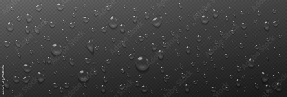 Poster condensation water drops on transparent background. rain droplets with light reflection on dark surf