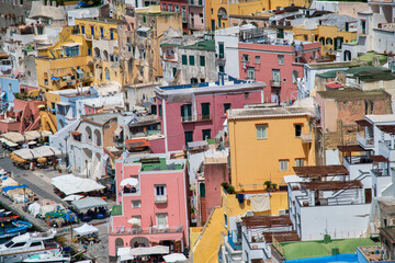 Aerial view of Procida Island beautiful homes, Italy. Marina Corricella