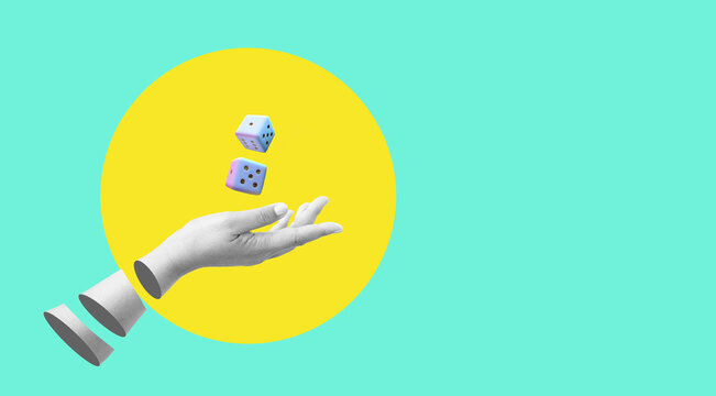 Dice on hand collage digital pop art.Play luck fortune.Casino dice bet.Online gambling.board game high risk and success.greedy roulette game.gamble casino jackpot. baccarat. investment business.game.