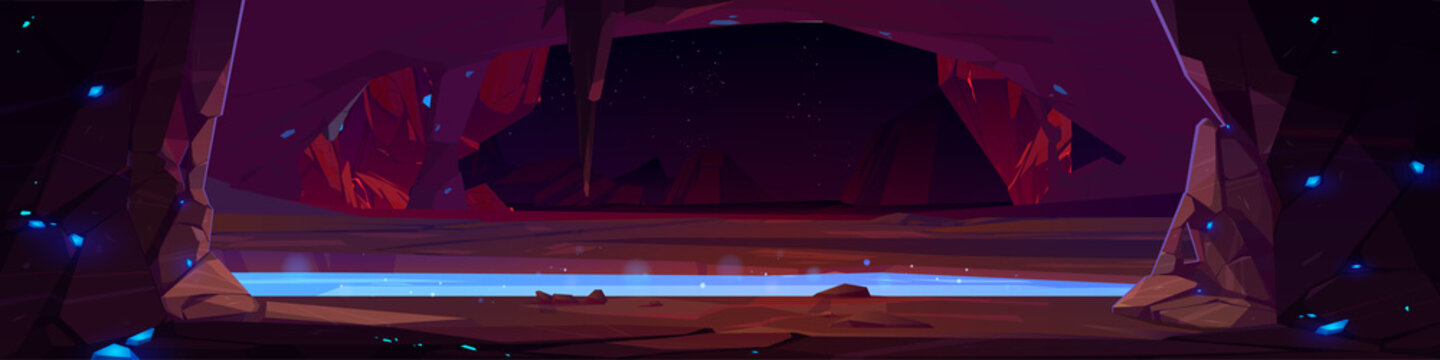 Dark rocky cave with water, blue crystals and view to mountains and night sky with stars outside. Vector cartoon panoramic illustration of empty stone cavern with stalactites and lake or river