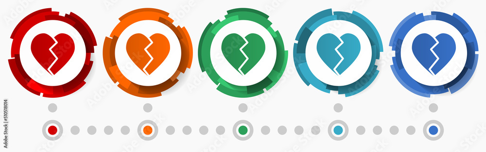 Poster broken heart concept vector icon set, flat design pointers, infographic template