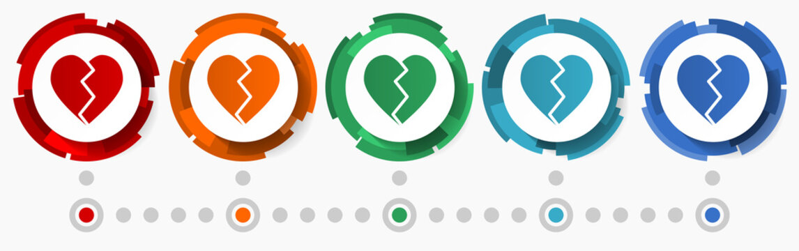 Broken heart concept vector icon set, flat design pointers, infographic template