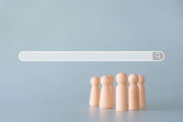 Job search concept in wooden person standing on light blue background. Search browser bar with magnifying glass searching for available hiring position.