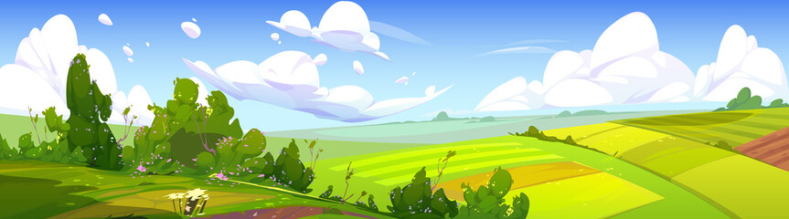 Rural landscape with green agriculture fields, path and bushes with flowers. Vector cartoon panoramic illustration of summer countryside with pastures, grass and farmland © klyaksun