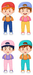 Set of cute boy cartoon character wearing cap on white background