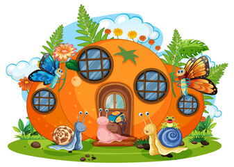 Fantasy orange house with butterfly and snails