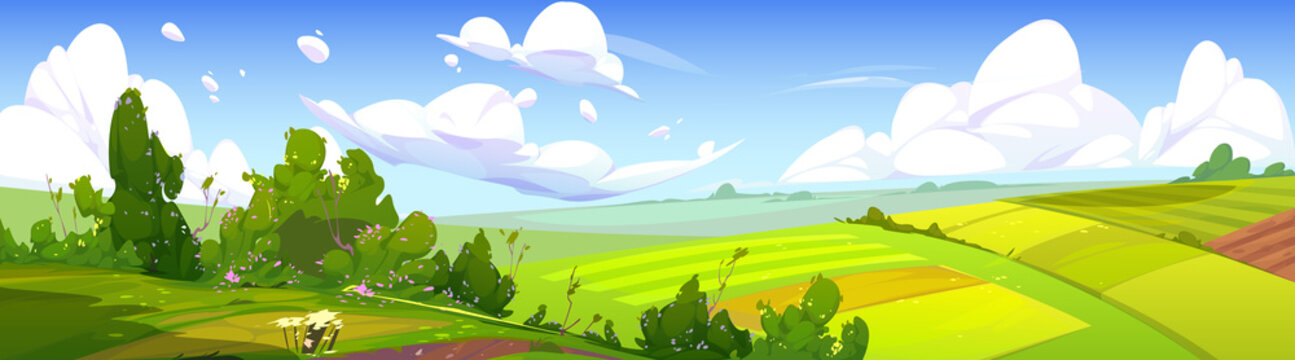 Rural landscape with green agriculture fields, path and bushes with flowers. Vector cartoon panoramic illustration of summer countryside with pastures, grass and farmland