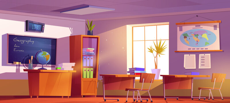 Classroom for geography learning in school. Vector cartoon illustration of empty class interior with blackboard, map on wall, globe, furniture and bookcase