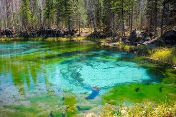 Geyser Lake with blue clay in the Altai Republic. Blue Lake, a tourist attraction in Russia