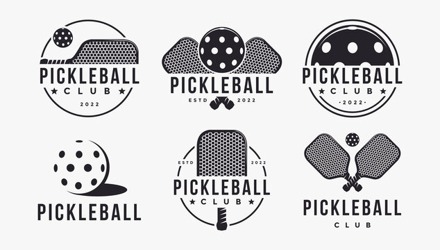 Set of Vintage Pickleball logo badge label vector, pickleball racket, ball on white background