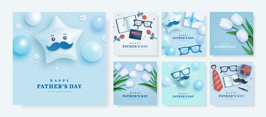 Set of Father's Day poster or banner template with necktie, moustache, notebook, gift box, helium balloons and realistic tulips on blue background