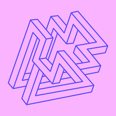 Impossible shape. Logo. Sacred geometry figure. Optical illusion. Abstract eternal geometric object. Impossible endless outline. Line art. Optical art. Impossible geometry shape on a pink background.