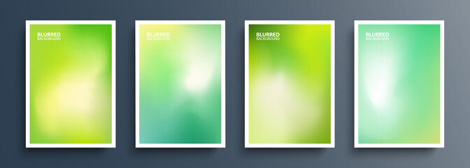 Set of green blurred backgrounds with modern abstract soft green color gradient patterns. Templates collection for brochures, posters, banners, flyers and cards. Vector illustration.