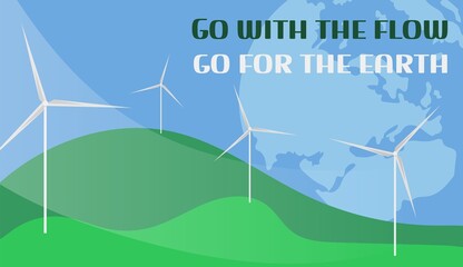 Go with the flow vector illustration with wind turbines, landscape and wind flow