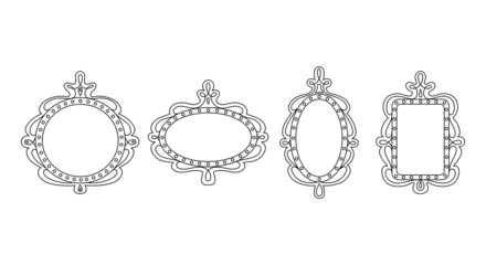 Princess frame set. Royal mirror frame and majestic prince doodle border. Cute crown border. Outline vector illustration. 