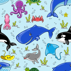 Cartoon cute sea animals. Seamless vector pattern on a blue background.
