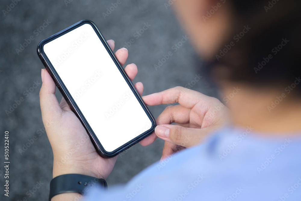 Poster man holding mock up smart phone. blank screen for your text message or information content.