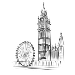 Big Ben London Isolated On A White Background Hand Drawn Illustration	
